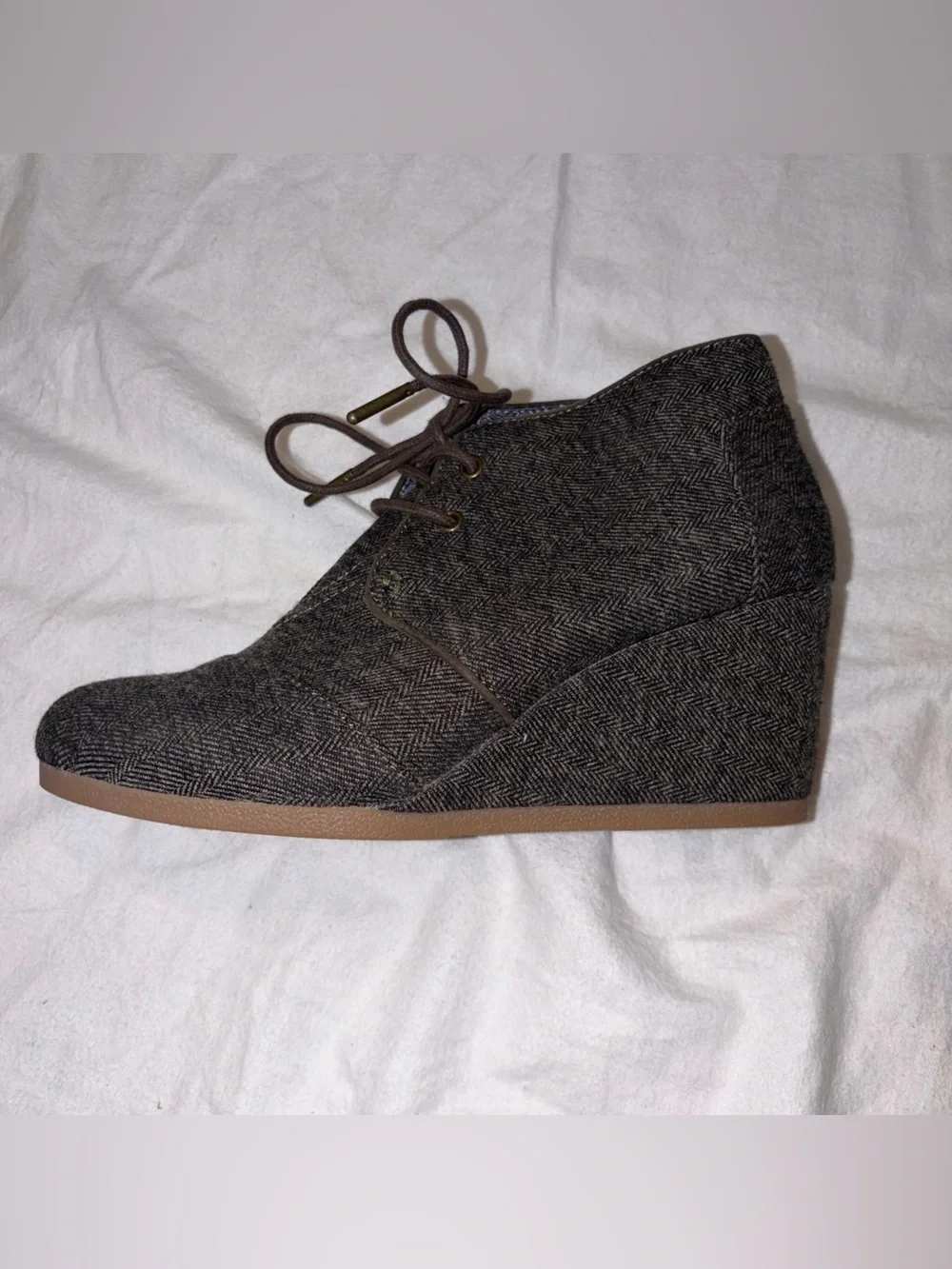 Toms Desert Wedge Herringbone Bootie Ankle Boots Shoes Gray Lace Up Fabric sz7.5